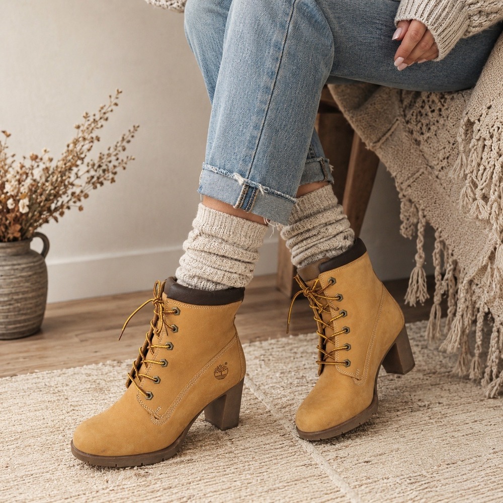 Timberland Glancy 6 Inch Boots SZ 7 Wheat Nubuck Leather Heeled Outdoor Utility